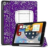 TNP Case for iPad 9th Gen 2021/iPad 8th 2020/iPad 7th 2019 Generation Protective Cover with Pencil Holder - 10.2 inch Slim Soft TPU Trifold Stand PU Leather Folio - Composition Book Purple