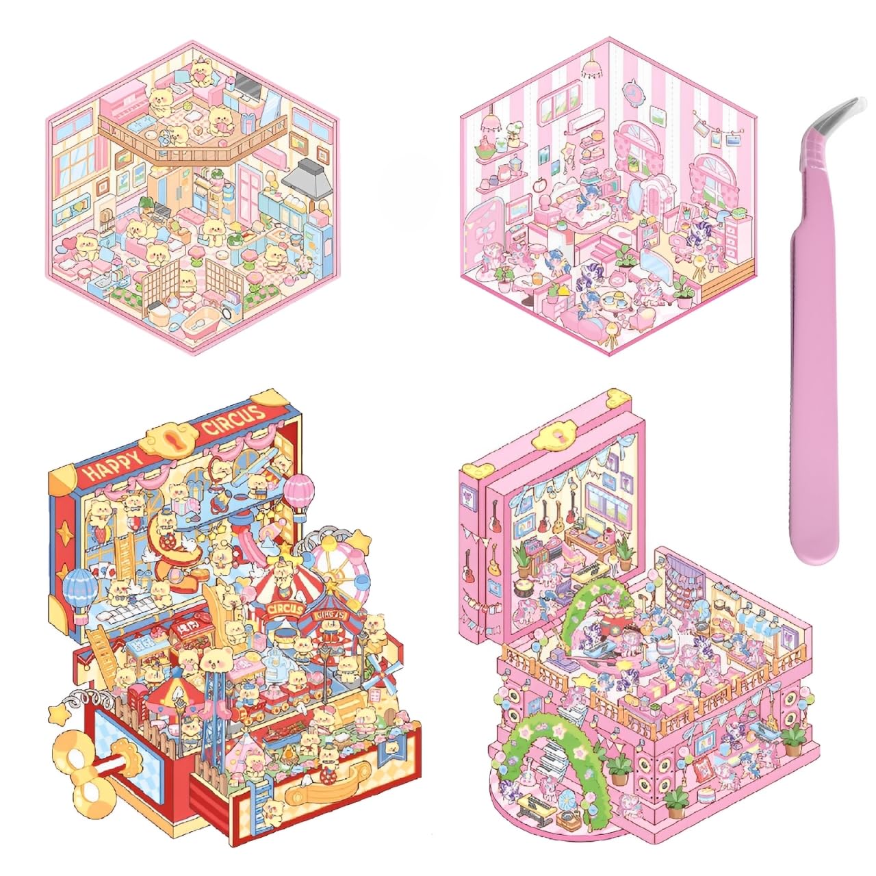 4 Sets Sticker Therapy Store, 3D Sticker Scene, 3D House Sticker Set, 3D Sticker Therapy Scene Cartoon 3D Stickers for Adults Relief Stress, Funny Cartoon Scene Stickers (with Tweezers)