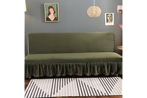 Yefound Stretch Armless Futon Cover with Skirt Ruffled Stretch Futon Sofa Bed Cover Machine Washable Futon Couch Cover Futon Sofa Cover Furniture Bed Protector,Green,70.8"-78.7"