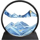 BGFJYUK Moving Sand Art Picture in Motion, Round Tempered Glass 3D Deep Sea Sandscapes with Display Flowing Sand Frame for Relaxing Desktop Home Office Work Décor for Kids Adults （Blue, 12inch