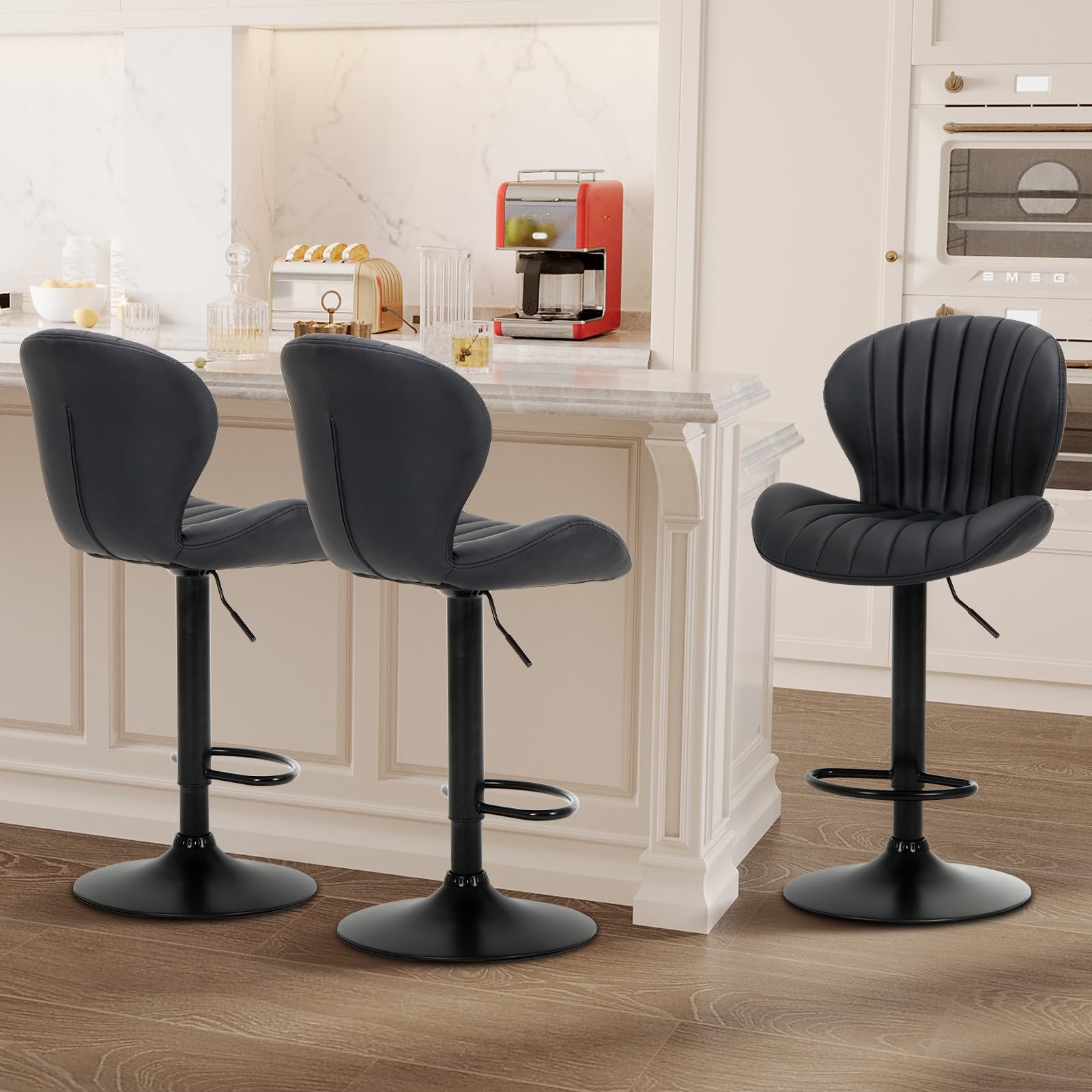 Photo 1 of 1 CHAIR COLAMY Bar Stool , Modern Swivel Bar Chairs, Adjustable Faux Leather Upholstered Barstools Counter Height with High Backrest for Bar, Kitchen Island, Dining Room, Black