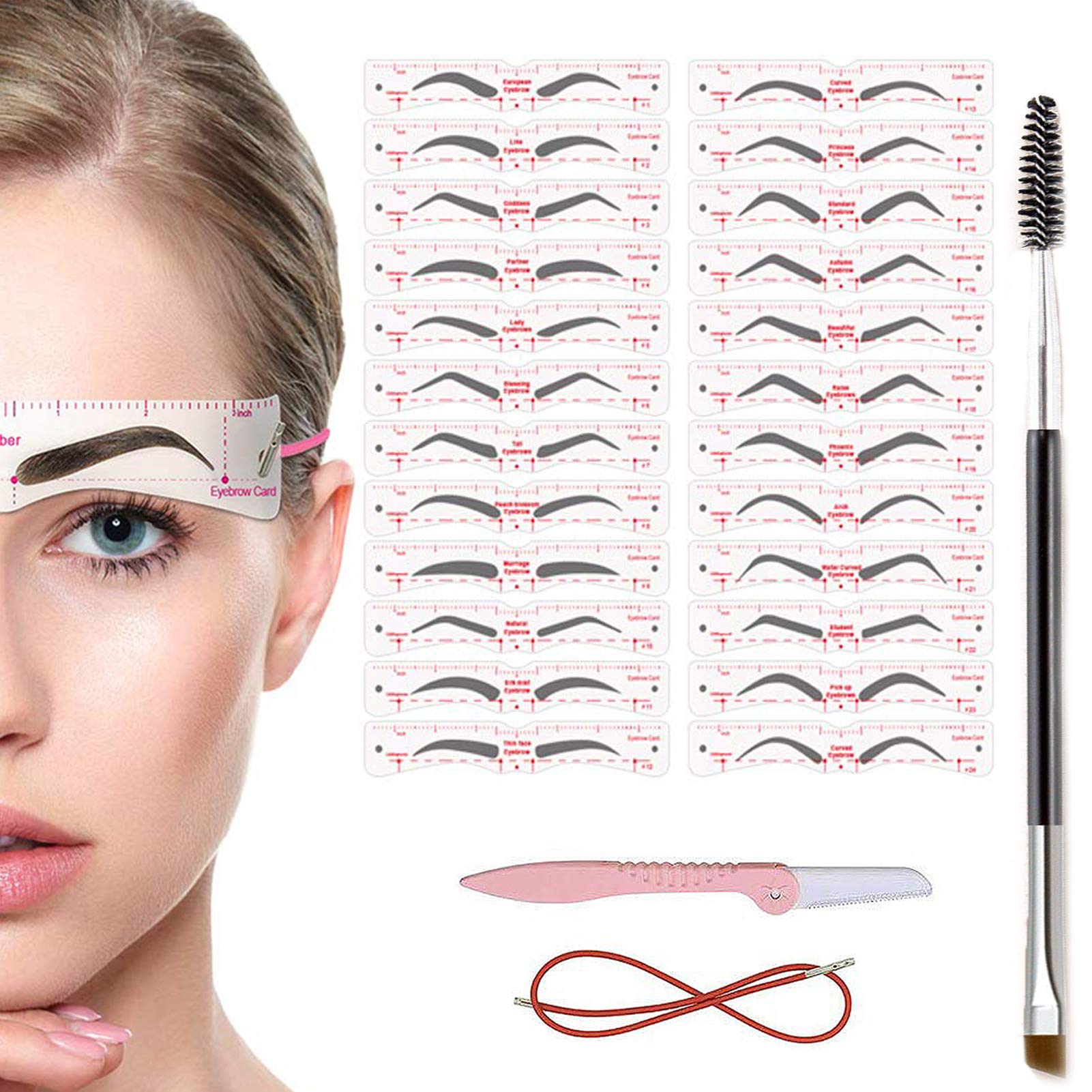TEUVO Eyebrow Stencil for Beginners, 24 Styles Eyebrow Shaper Kit with Eyebrow Brush and Brow Razor Trimmer, Reusable DIY Eyebrow Stencils Template for 3 Minutes Makeup