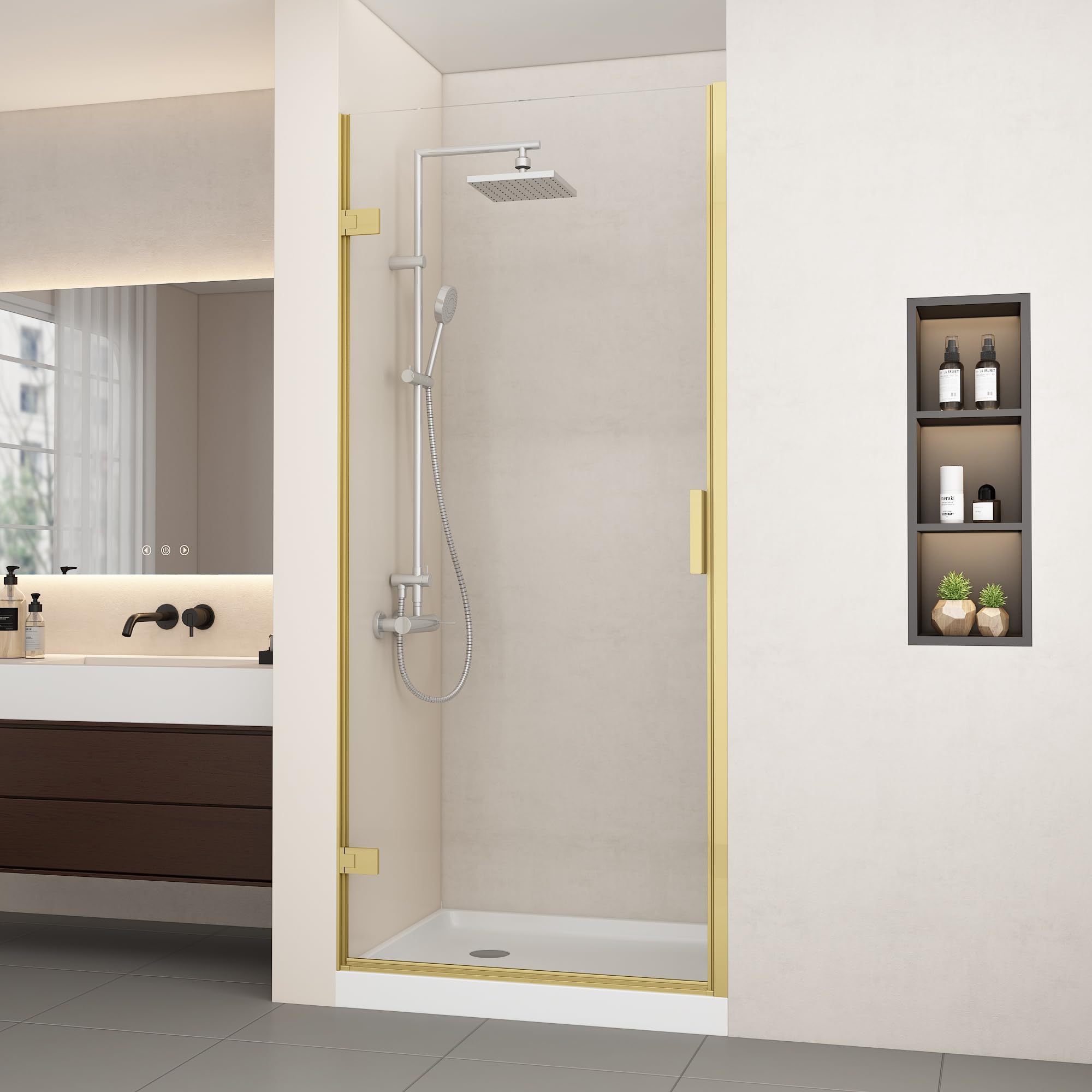 Photo 1 of Bathbliss Frameless Pivot Shower Door, Glass Shower Door for Bathroom, 36" W x 72" H, Nano-Coated 5/16" (8mm) Clear SGCC Tempered Glass, Brushed Gold Finish