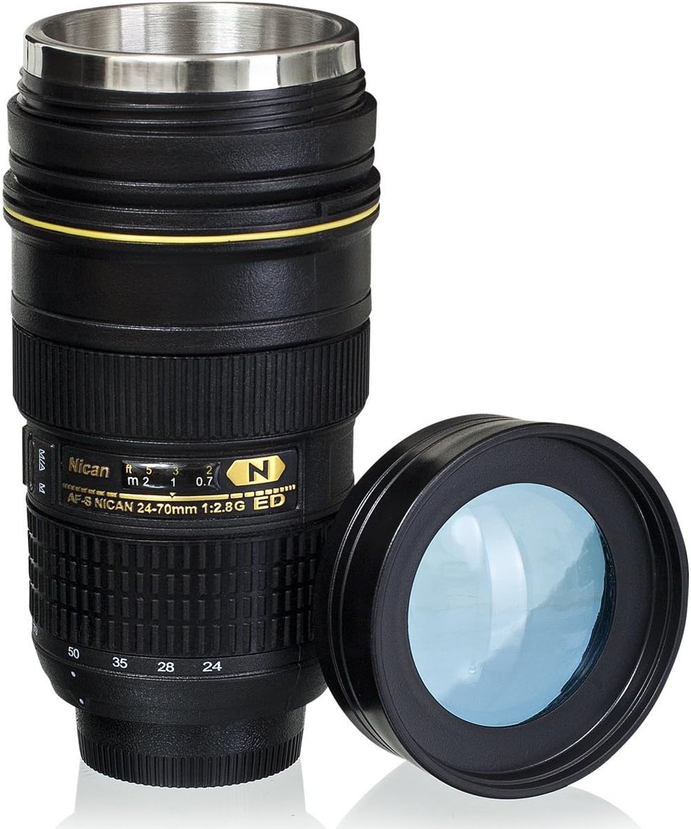 Wrcibor 15oz Camera Lens Cup Stainless Steel Insulated Desk Mug Tumbler, 1:1 Camera 24-70mm F2.8G Lens Model Coffee Mug