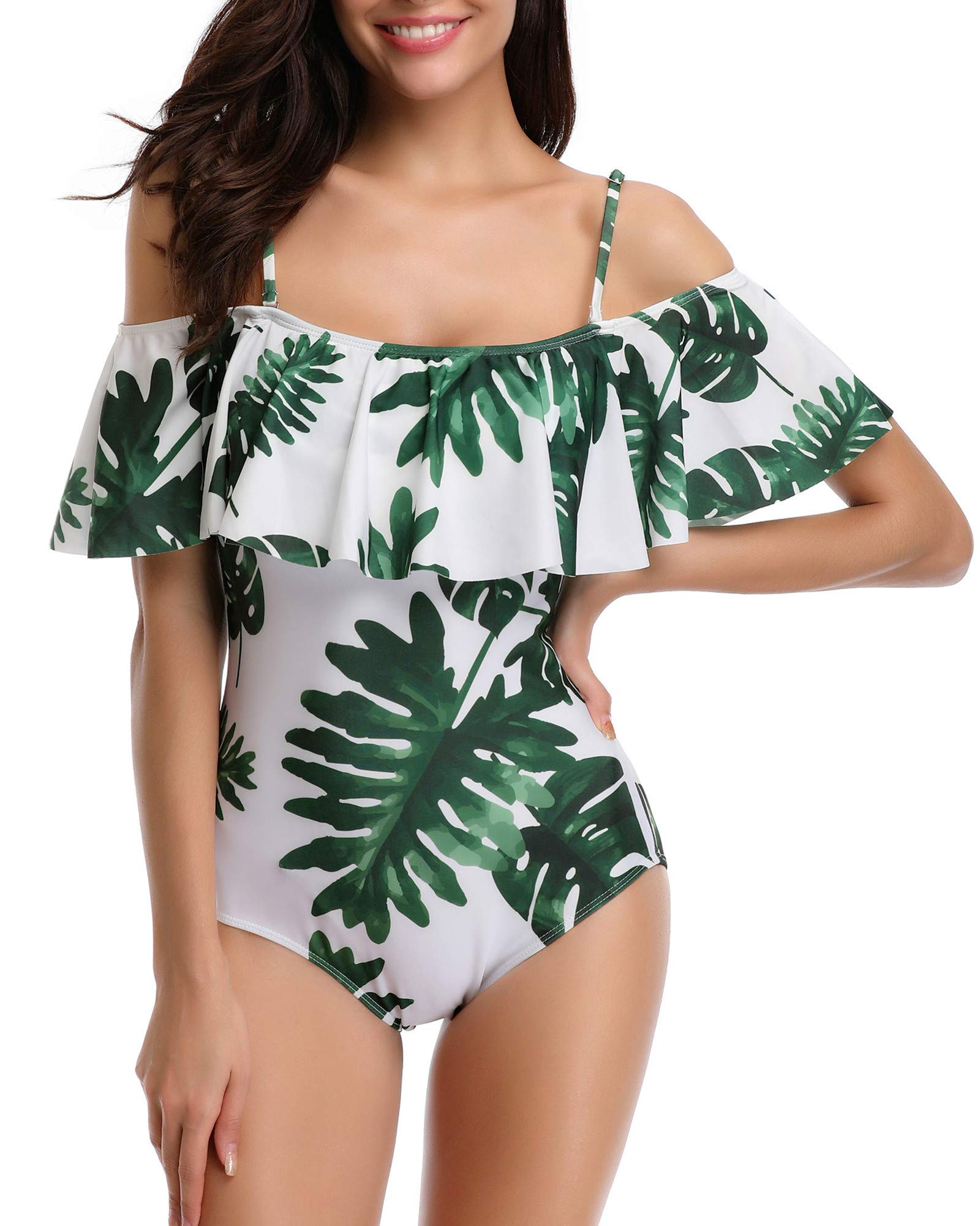 Yong DongWomen Vintage Off Shoulder One Piece Swimsuit Ruffle Print Bathing Suit Swimwear (L, White)