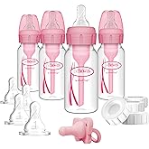 Dr. Brown's Anti-Colic Baby Feeding Set with Slow Flow Nipples, Travel Caps, Silicone Pacifier - Pink