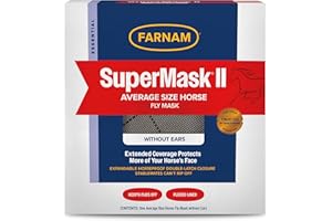 Farnam SuperMask II horse fly mask without ears, extended coverage, protects eyes from insects and debris, adjustable throat latch, Average Horse Size