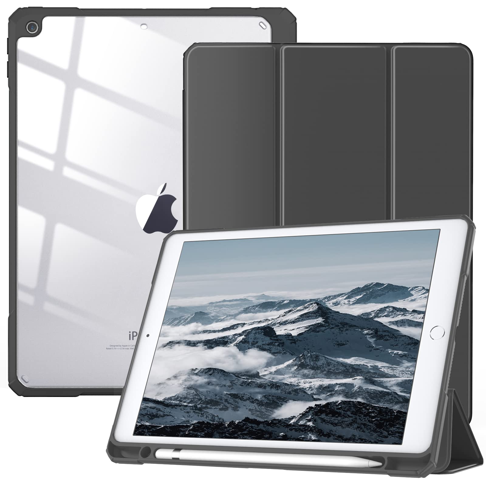 TiMOVO Case for iPad 9th Generation 2021/iPad 8th Generation 2020/iPad 7th Generation 2019 10.2 inch with Pencil Holder, Slim Protective Cover with Clear Back Shell, Auto Wake/Sleep, Space Gray