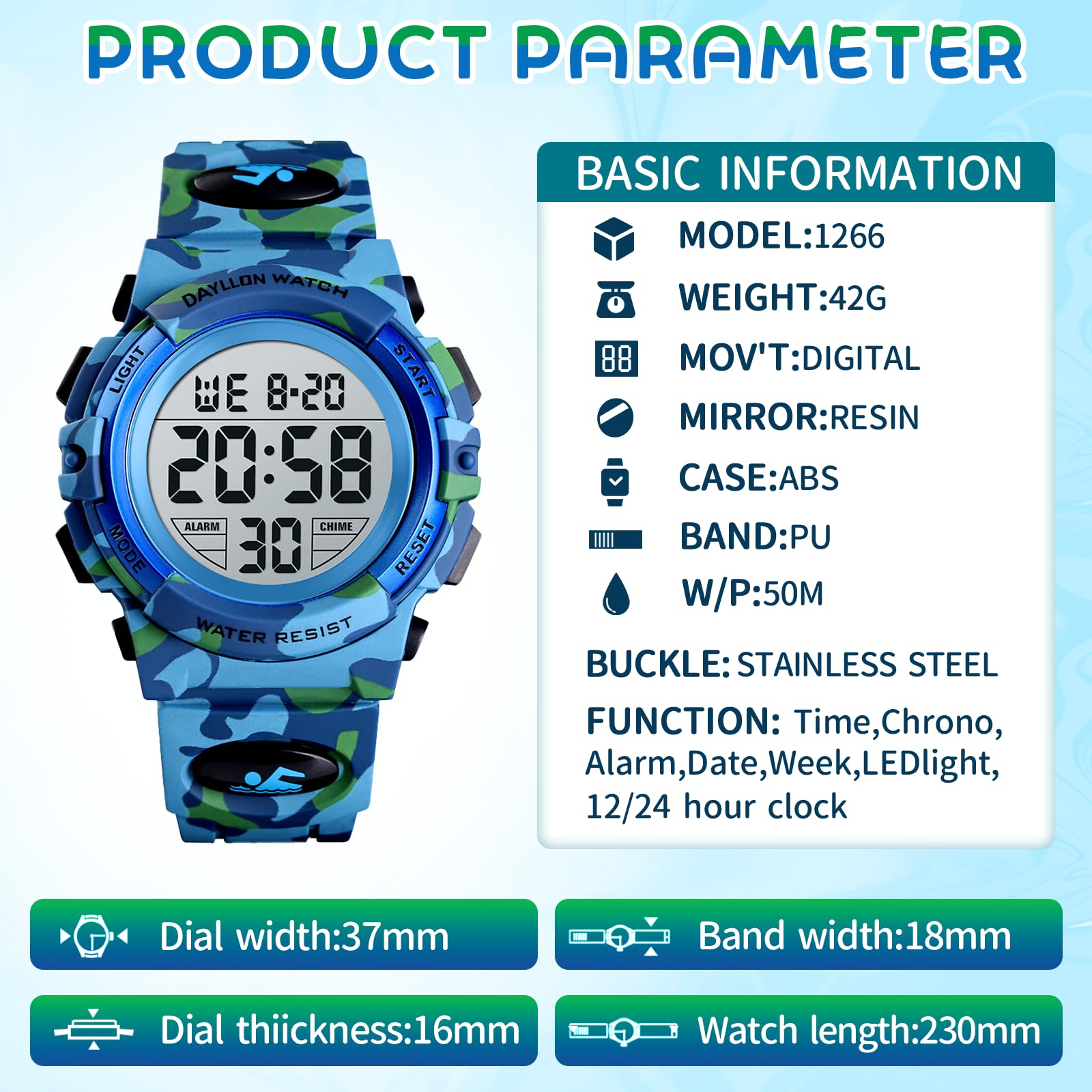 Dayllon Kids Digital Watch Boys Outdoor Sports 50M Waterproof Girls Watches Alarm Clock 12/24 H Stopwatch Calendar for Ages 3-15 Boy Girl Wristwatch Kids Gift