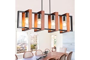 HUMHOLD 4-Light Kitchen Island Lights Pendant Light Farmhouse Dining Room Light Fixture, Rustic Wood and Black Metal Rectangular Chandelier, 32" Hanging Lighting for Living Room, Bar