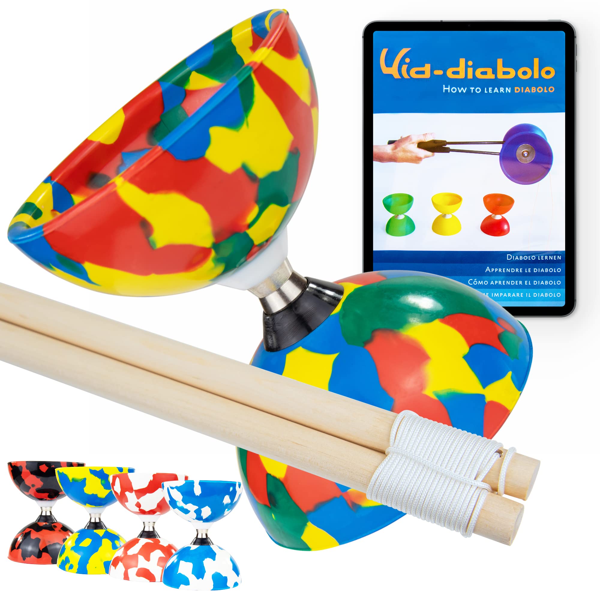 Juggle Dream Jester Diabolo Set - Bearing Axle Professional Diabolo with Wooden Handsticks and Online Learning Video - Juggling Toy (Multicolour)