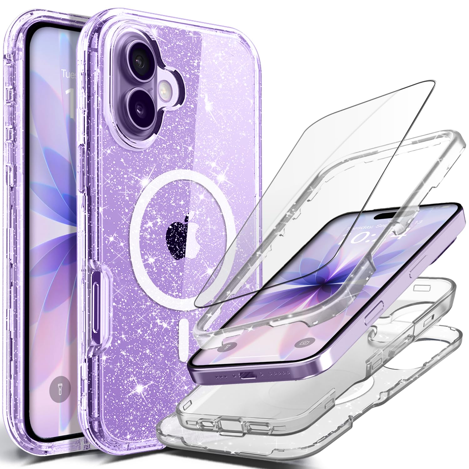 Photo 1 of Coolwee Magnetic Crystal Clear Glitter Full Protective Case for iPhone 17 Heavy Duty 3 Piece Hybrid Rugged Shockproof Women Girls for iPhone 17 Phone Shiny Bling Sparkle, Fit for MagSafe