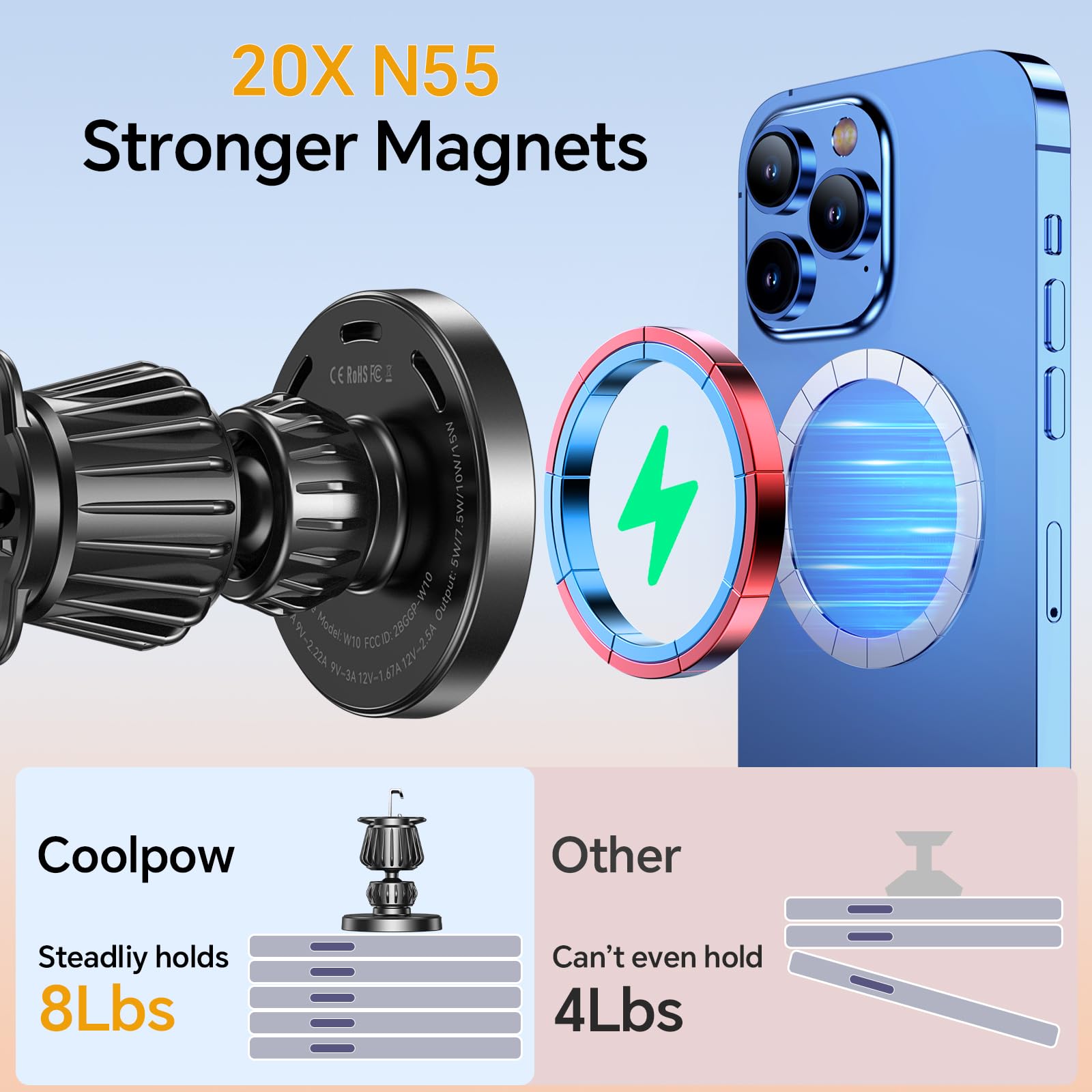 Coolpow for MagSafe Car Mount Charger【Ultra Magnet】Magnetic Phone Holders for Your Car Charger【Windshield+Vent+Dash】Magnetic Wireless Car Phone Holder Charger Car Mount for iPhone 17 Pro Max 16 15 14