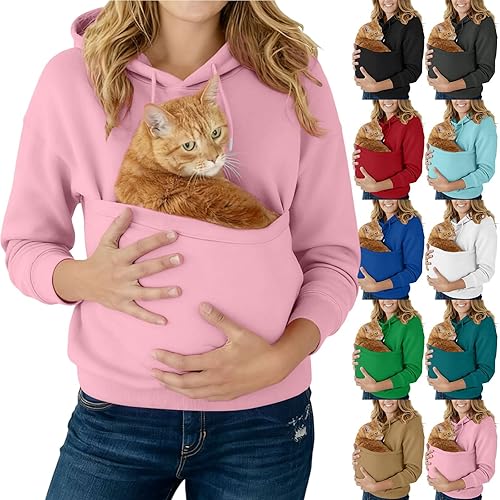 Womens Pet Pouch Hoodies Hoodie With Dog Pouch Funny Sweatshirts With Kangaroo Pocket Cute Pet Holder Sweatshirt Autumn Winter Fuzzy Fleece Pullover Long Sleeve Tops Ladies Oversized Hoodies