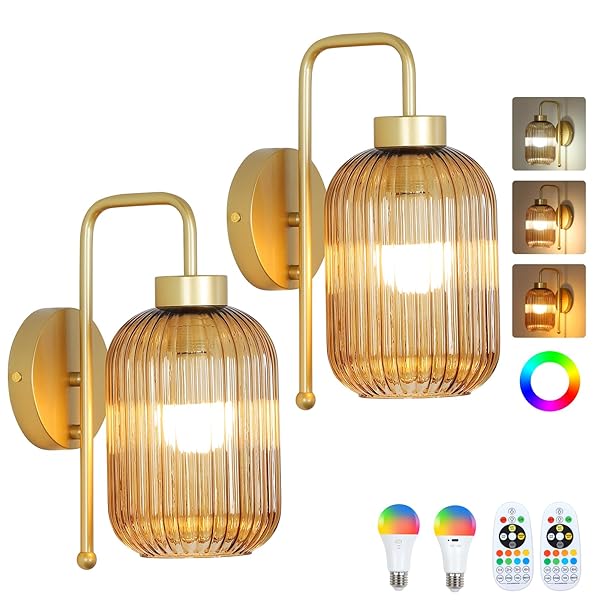 LAMSU VINTAGE GOLD WIRELESS WALL SCONCES BATTERY OPERATED, RECHARGEABLE WALL LIGHTS SET OF 2 WITH AMBER STRIPE GLASS SHADE, REMOTE AND BULB, CORDLESS SCONCES WALL DECOR FOR BEDROOM LIVING ROOM
