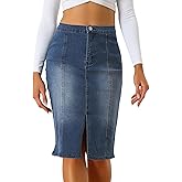 Allegra K Women's Denim Skirt High Waist Slit Hem Stretch Bodycon Pencil Skirt Knee Length Jean Skirts