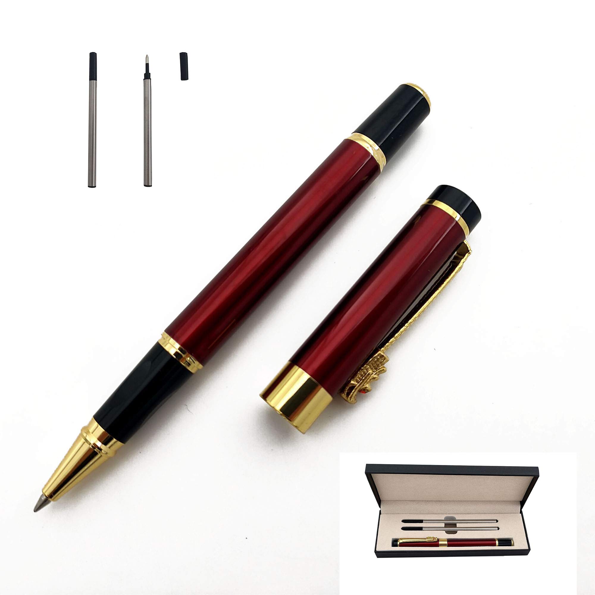 Accod Classic Business Metal Ballpoint Pen Signature Pen Rollerball Gel Pen High-end Gift Box with Two Replaceable Refills for Office Family and Business Partners (Red)