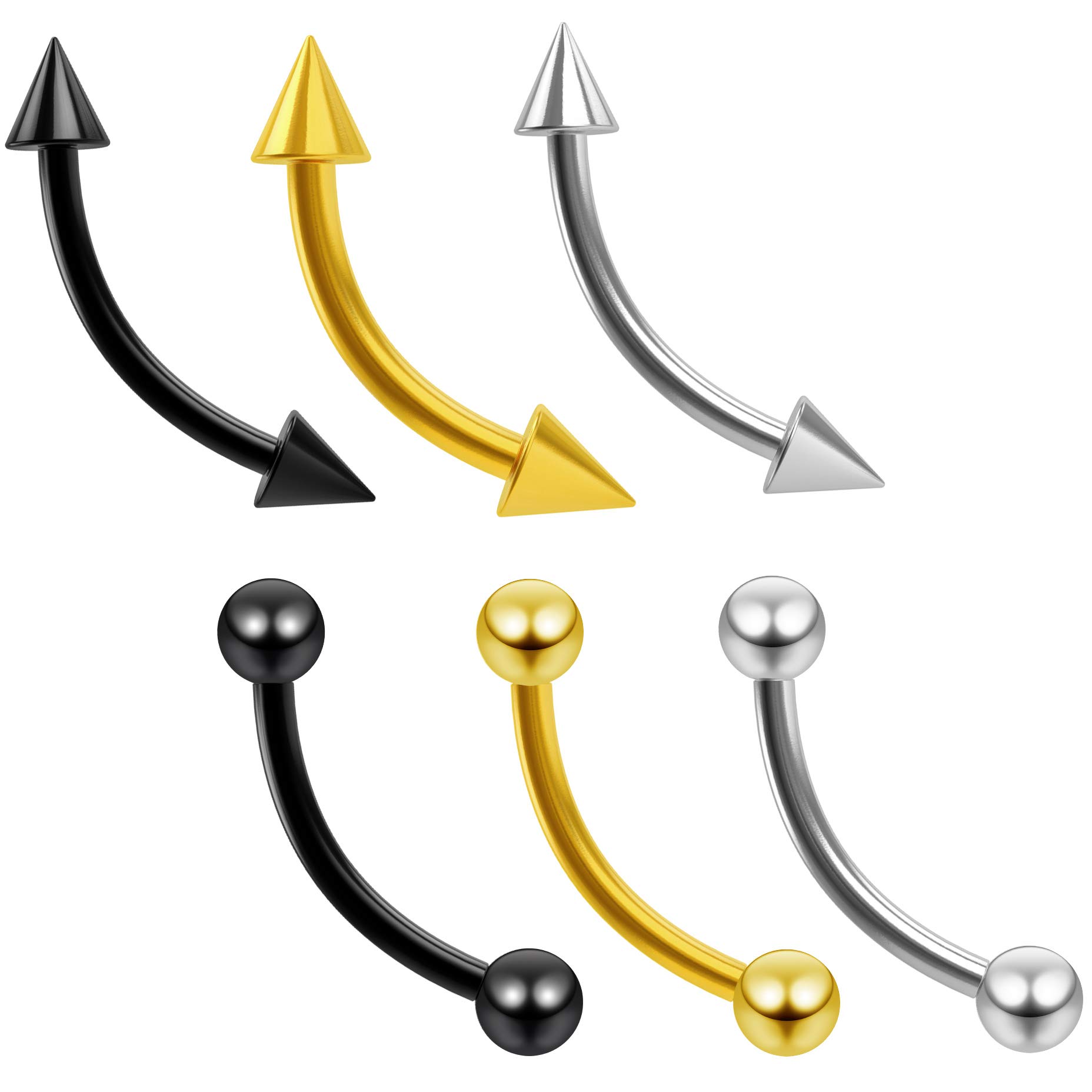 6pc 16g 1.2mm Vertical Labret Bar Curved J-Curve Bar Lip Spikes Eyebrow Cartilage Barbells Daith Earrings Mens Womens 8mm