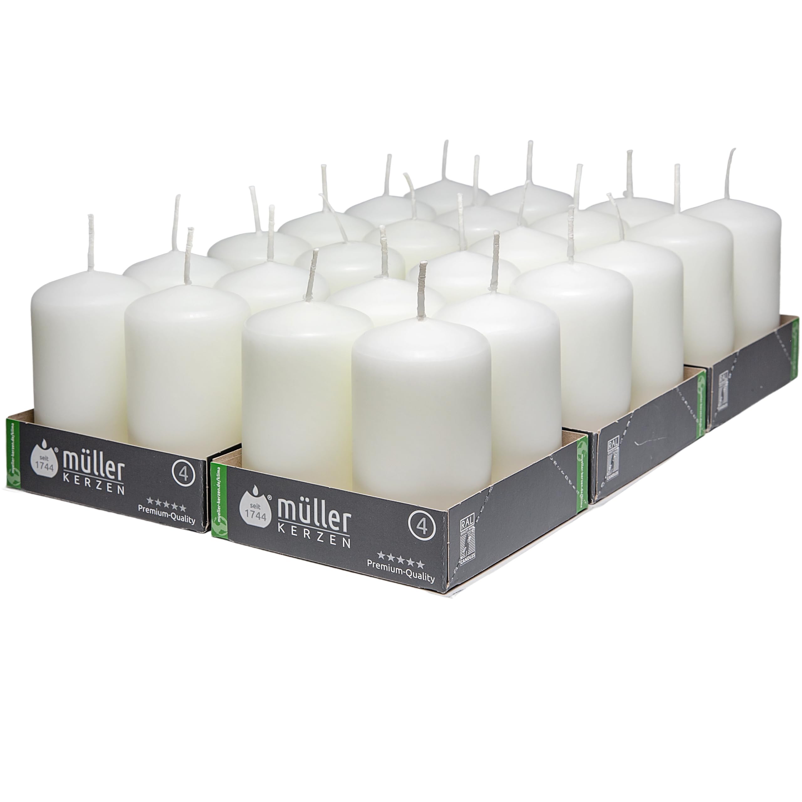 Müller Small Pillar Candle - Pack of 24 Unscented White Candles - 4,8 x 9 Cm - 16 Hours Burn Time Candles for Decoration - No Drip Wax - Smokeless Wick - RAL Quality - Made in Germany