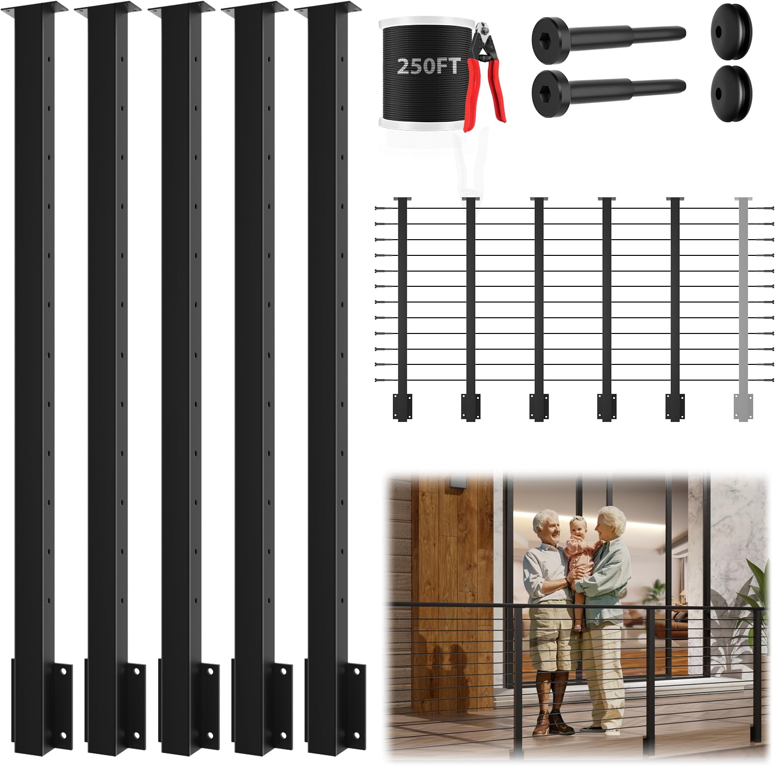 Photo 1 of Gyykzz 42" All-Black Side Mount Cable Railing Post Kits, Complete Set Heavy-Duty Railing System Includes 5 Pack Side Mount Posts, 250FT 1/8" Cable with Cutter, 24 Cable Tensioners, 120 Cable Grommets