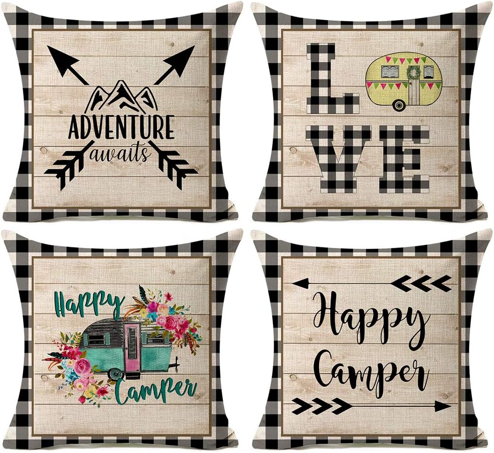 Kithomer Happy Camper Pillow Covers Buffalo Plaids Rustic Wood Home Outdoor Decorative Throw Pillow Case Cushion Cover 18" x 18" Set of 4