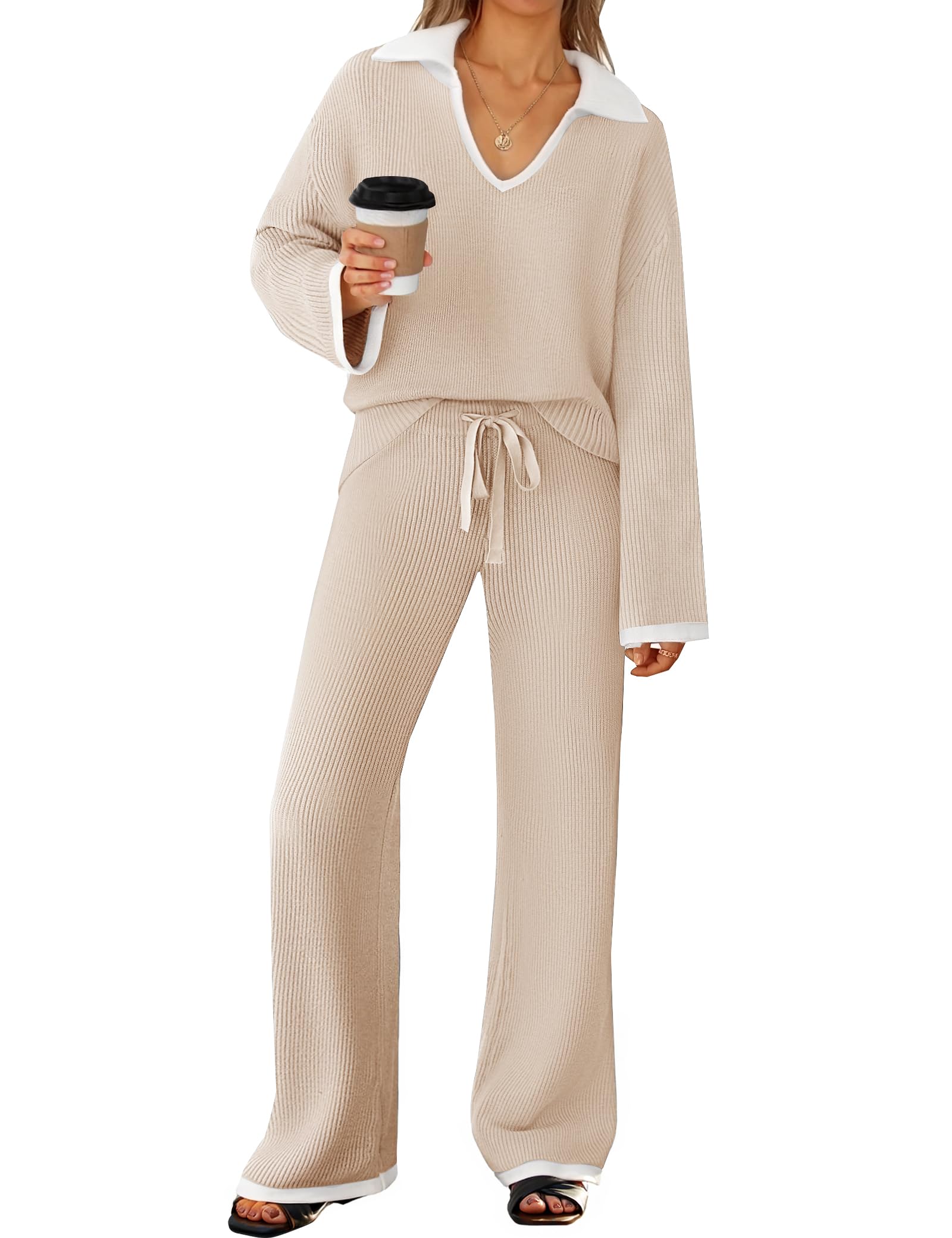 Photo 1 of ZESICA Women's Two Piece Sweater Lounge Sets Fall Winter Oversized Knit Pullover Wide Leg Pants Outfits Apricot L