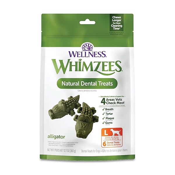 WHIMZEES WELLNESS ALLIGATOR DOG DENTAL TREAT, CHEWS, FRESHENS BREATH, LARGE SIZE, 12.7 OZ BAG, 6 COUNT