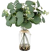 MACTING Artificial Eucalyptus Stems in Glass Vase with Faux Water Stones 14" Fake Plants Eucalyptus Leaves for Table Centerpieces Bathroom Kitchen Living Room Shelf Indoor Home Spring Decorations