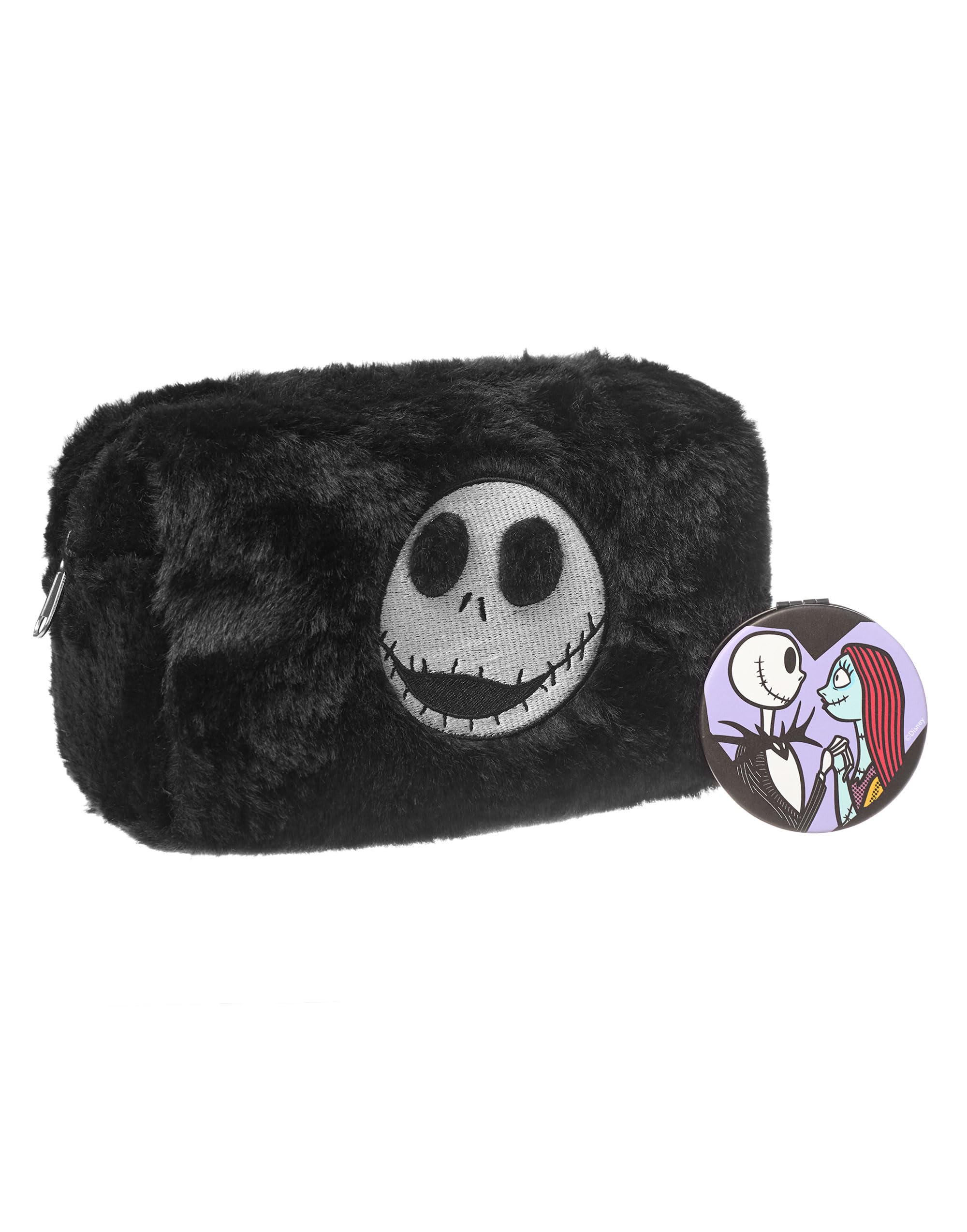 Disney The Nightmare Before Christmas Makeup Bag & Mirror | Ladies Black Cosmetic Pouch with Jack and Sally Characters | Travel Beauty Case & Pocket Mirror for Adults & Teens | Movie Merchandise Gift