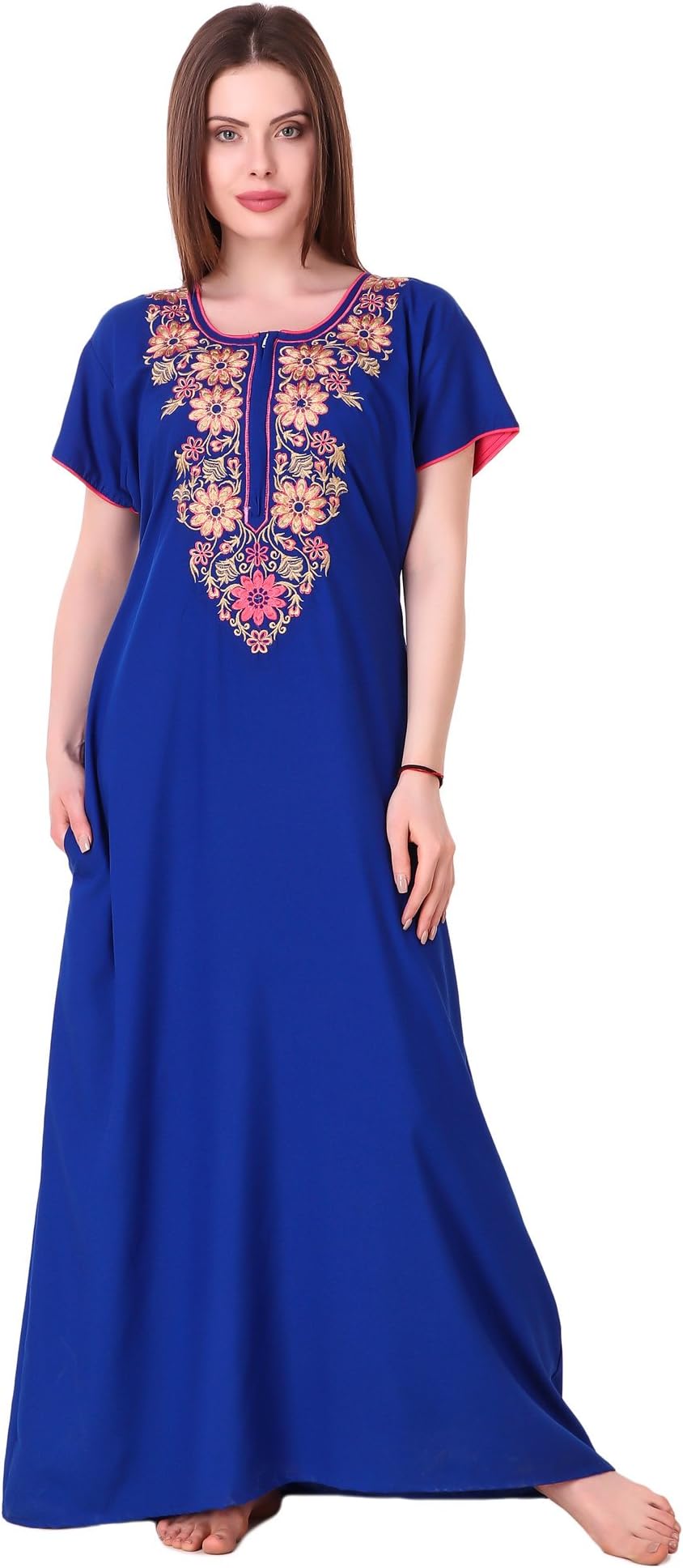 MILIT Best Cotton Long Embroidered Nighty for Women & Ladies(Bust Size Upto 44 inches)