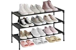 LOAKEKEL Shoe Rack, Non-Woven Fabric Portable 3 Tier Shoe Organizer, up to 12-16 Pairs, Stackable Shoe Storage Shelf for Clos