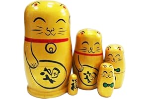 Winterworm Set of 5 Maneki Neko Lucky Cat Golden Wooden Traditional Russian Nesting Dolls Japanese Chinese Character Fu Handmade Christmas Birthday Gift for Kids Boys Girls Home Decoration