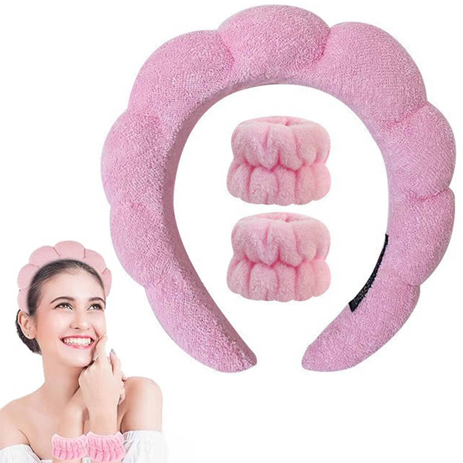 Sponge Headband Wristband Set, Spa Headband for Washing Face Wristband Set, Face Washing Headband, Makeup Headbands for Women Girls, Skincare Non Slip Headband for Women, Yoga, Sports, Shower