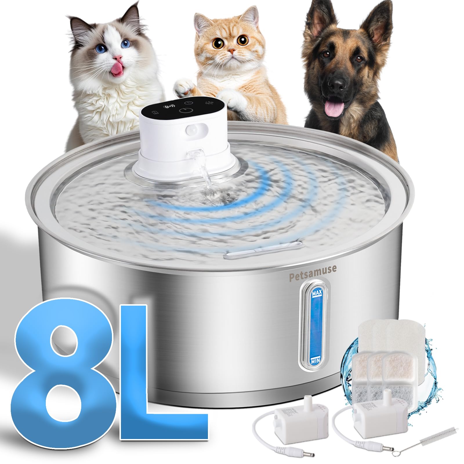 Photo 1 of Petsamuse Wireless Dog Water Fountain, 2.1Gal/8L Battery Operated Stainless Steel Pet Water Fountain Motion Sensor Dog Water Bowl Fountain Large Dog Bowl Inside with 3 Filters and 2 Ultra Quiet Pumps