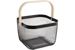 SANHSEHOME Metal Mesh Steel Harvest Basket, Square Wire Garden Basket with Handle – Multi-functional Storage Organizer for Gathering Vegetables, Fruits, Kitchen, Garden, Picnic & Cabinet (Black)