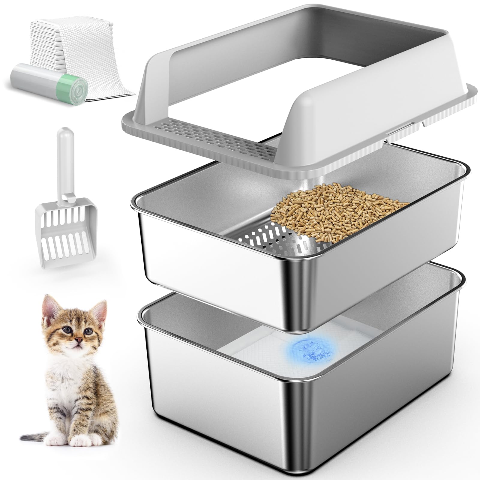 Photo 1 of Stainless Steel Litter Box with Lid, Sifting Litter Box for Pine Pellets, 17.3”×13.4”×10.5” Enclosed Metal Litter Boxes for Small Cats & Kittens, High Sided Anti-Leakage, Easy Cleaning, Less Tracking