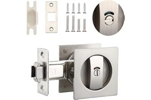 MAXXGEEK Sliding Square Pocket Door Lock with Privacy Color Indicators, 2-3/8" Backset, Fits Standard 2-1/8'' Bore Size and Door Thickness of 1-3/8" to 1-3/4", No-Handed, Satin Nickel