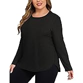 COOTRY Plus Size Workout Tops for Women Long Sleeve Athletic Shirts Loose Fit Yoga Running Clothing with Side Slits Black 3XL