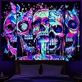 Heopapin Blacklight Skull Art Tapestry UV Reactive Neon Skeleton Butterfly Tapestries Trippy Blacklight Horror Face Tapestry Halloween Aesthetic Wall Decor Tapestries for Home W59×H51