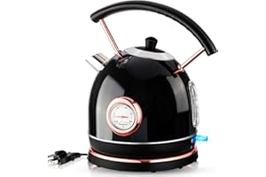 Pukomc Retro Electric Kettle 1.7L, Stainless Steel Portable Fast Boiling, Cordless with LED Light, Unique Appearance with Temperature Gauge, Auto Shut-Off&Boil-Dry Protection (Black)