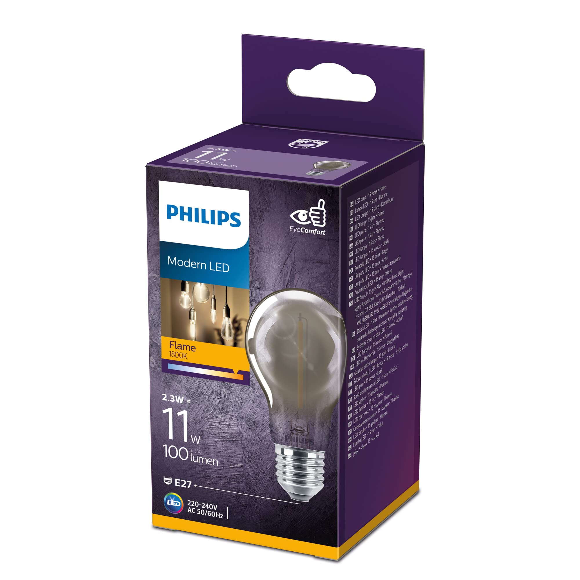 Philips LED Classic A60 Smoky Light Bulb [E27 Edison Screw] 2.3W - 11W Equivalent, Flame Warm White (1800K), Non-Dimmable.