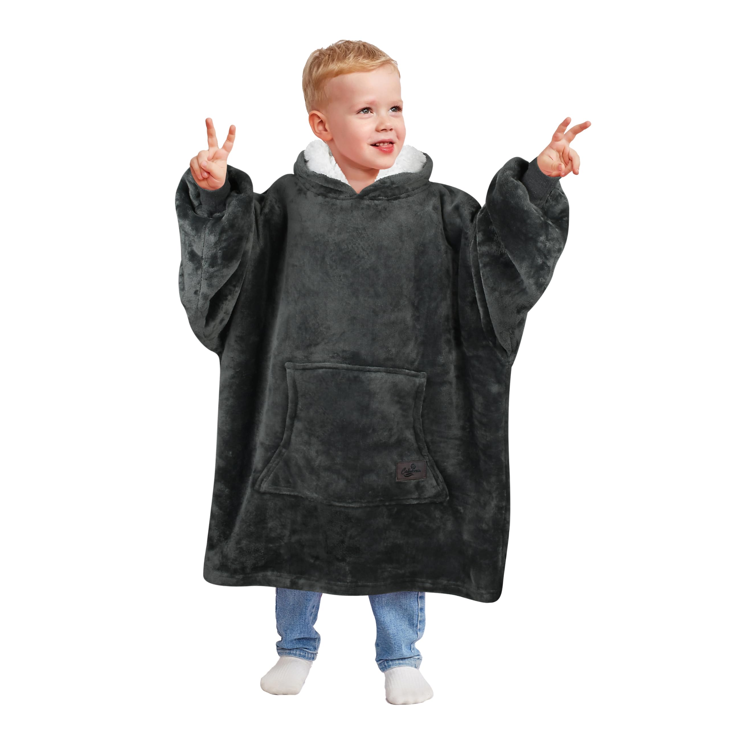 Kato Tirrinia Oversized Hoodie Blanket for Kids, Cosy Warm Sherpa Wearable Blanket Sweatshirt for Girls Boys, Super Soft Kangaroo Pocket Hooded Pullover Gift for Children Pre-teen, Grey
