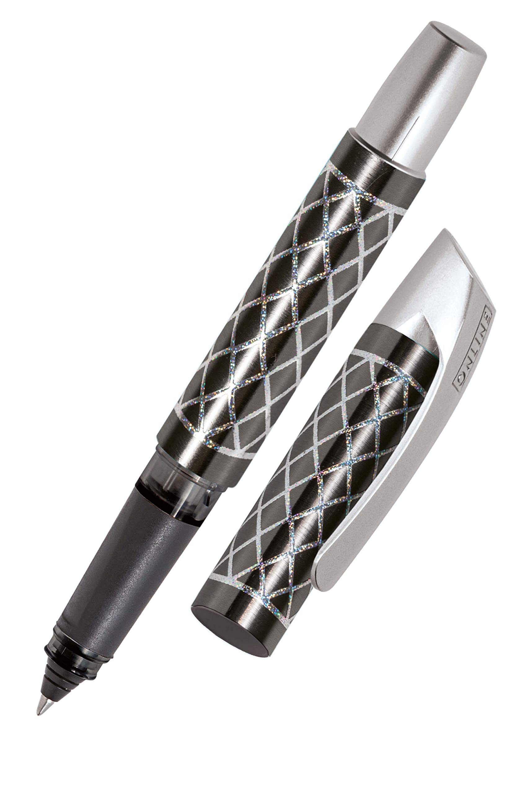 Online Ergonomic Rollerball for School/College Campus Diamond Grey - for Left- and Right-Handed, Soft Grip Part, for Standard Ink cartridges, refillable, Ideal for Beginners/Pupils/Students