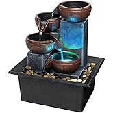 Small Indoor Relaxation Tabletop Fountain, Zen Meditation Waterfall Feature with Color LED Light & Natural Rocks, 4 Level Des
