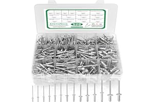 AilemeNova 520Pcs Pop Rivets Assortment Kit, 14 Sizes Aluminum Rivets 3/32" 1/8" 5/32" 3/16", Assorted Black Rivets with Reinfored Divider and Labeled Case, Silver