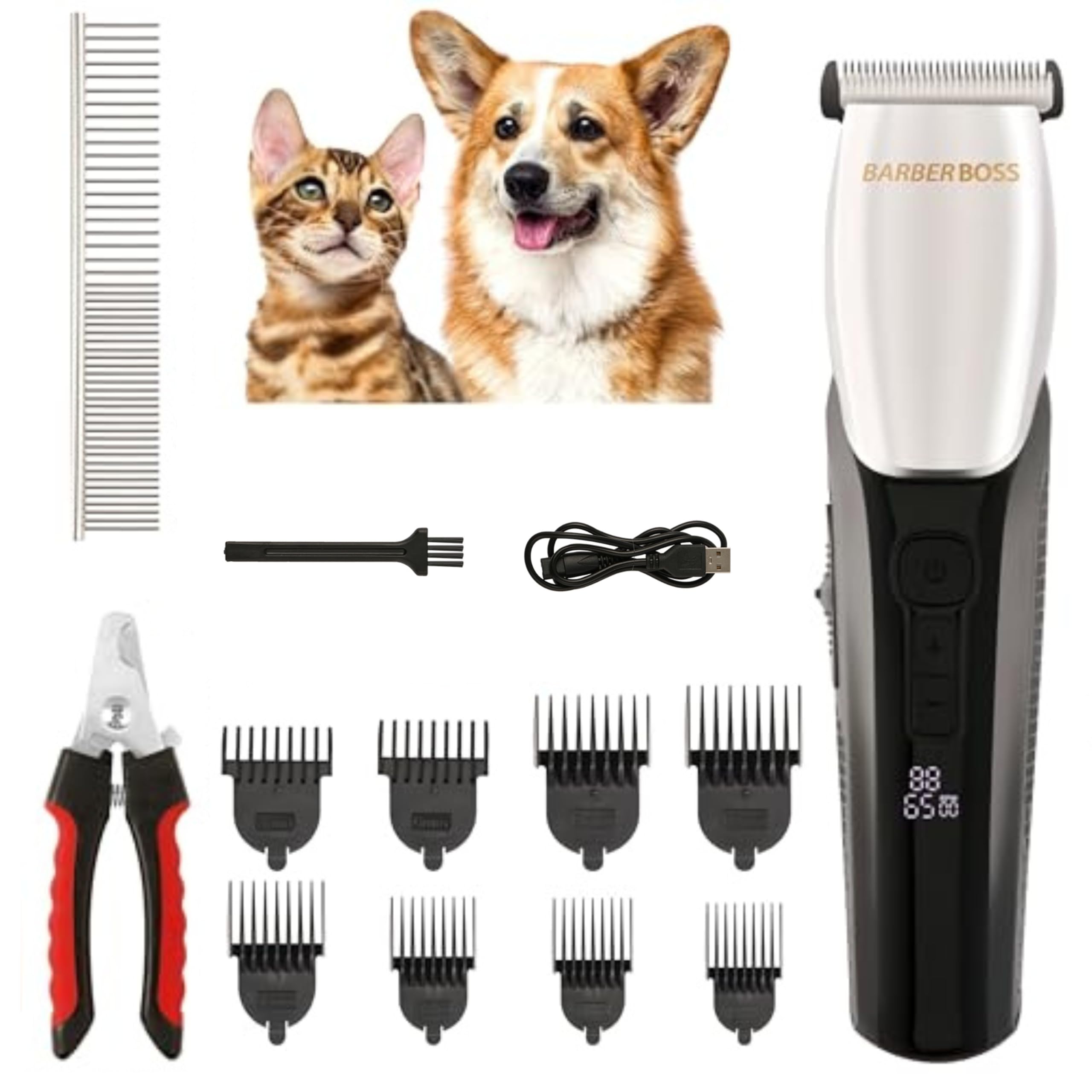 BarberBoss Grooming Kit for Pets, Cordless Hair Clippers, Grooming Set for Thick Coats, Waterproof, Low-Noise Rechargeable Clippers for Dogs and Cats