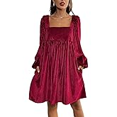 SEMATOMALA Women's Square Neck Velvet Long Sleeve Ruffle Short Dress A Line Tie Back Babydoll Dress