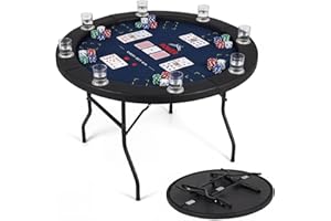 Goplus 48" Poker Table Foldable, 8 Player Round Casino Leisure Texas Holdem Game Table with Metal Legs, 8 Cup Holders, Indoor