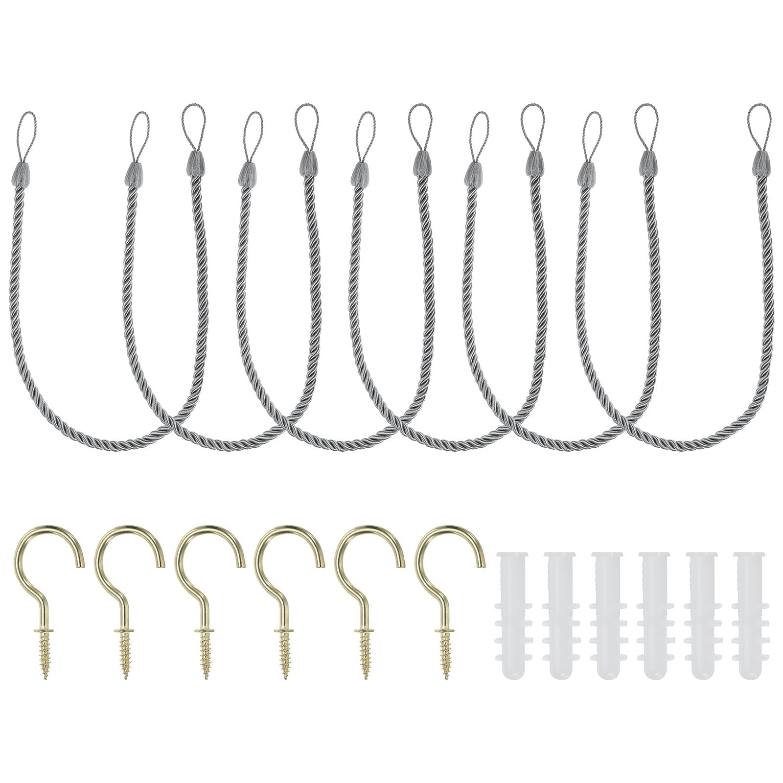 PATIKIL Curtain Tiebacks Ropes, 6 Pack Decorative Tie Backs Braided Curtain Holdback Cord for Home Office Decor, with Screw Hooks & Bolts, Silver Gray