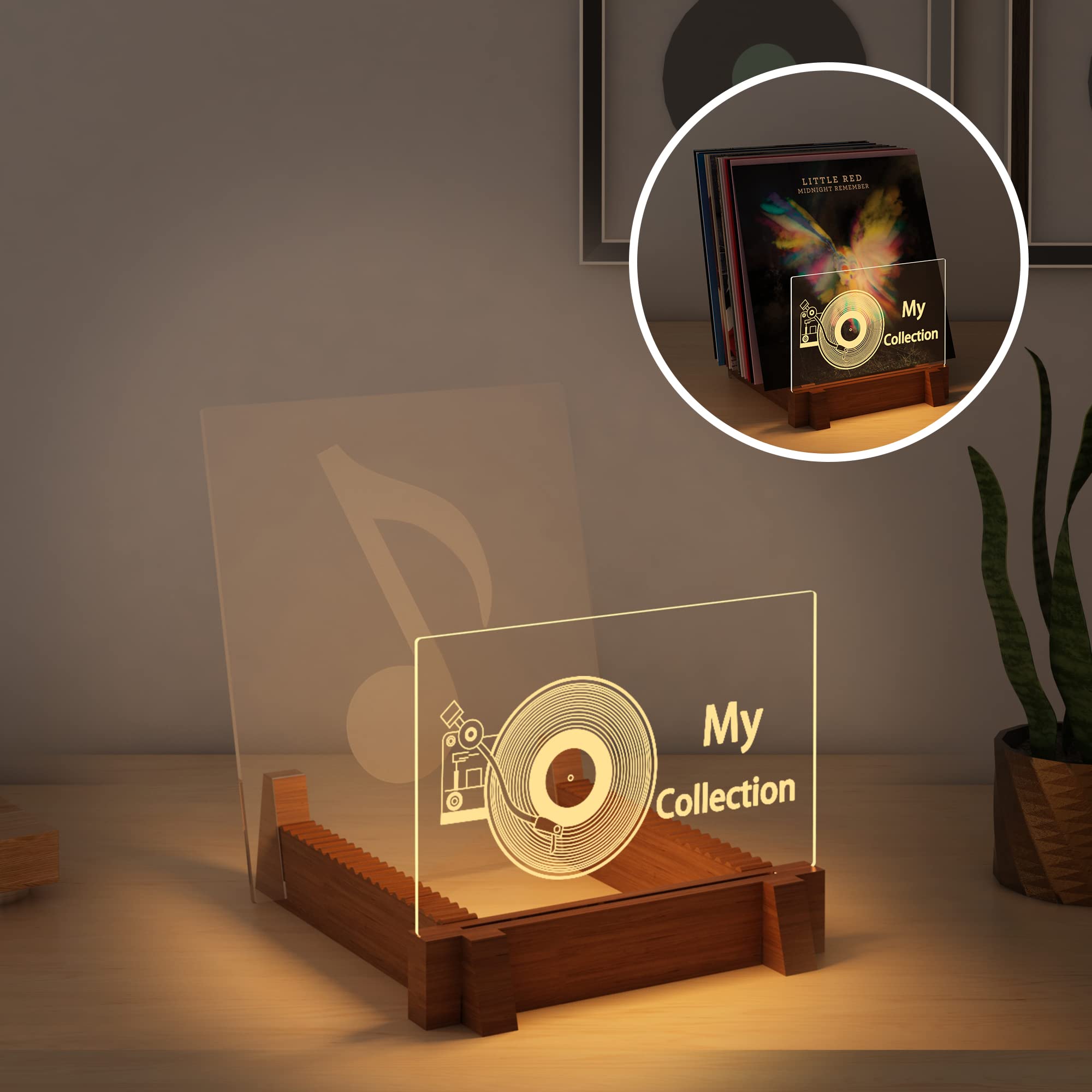 YuanDian Vinyl Record Storage, Light up Now Playing Wooden Acrylic Holder Shelf for Vinyl Album Display with Warm White Color Lights